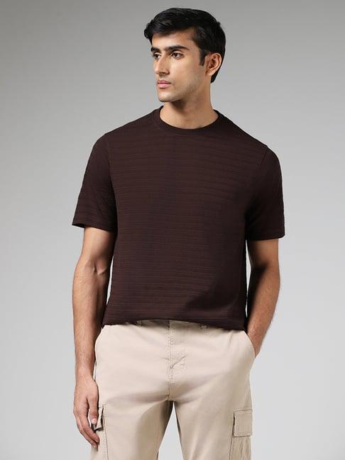 wes lounge by westside brown self-striped relaxed fit t-shirt