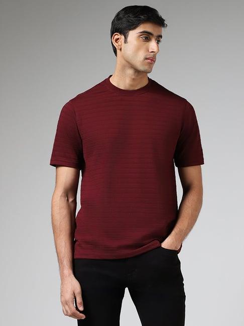 wes lounge by westside burgundy self-striped relaxed fit t-shirt