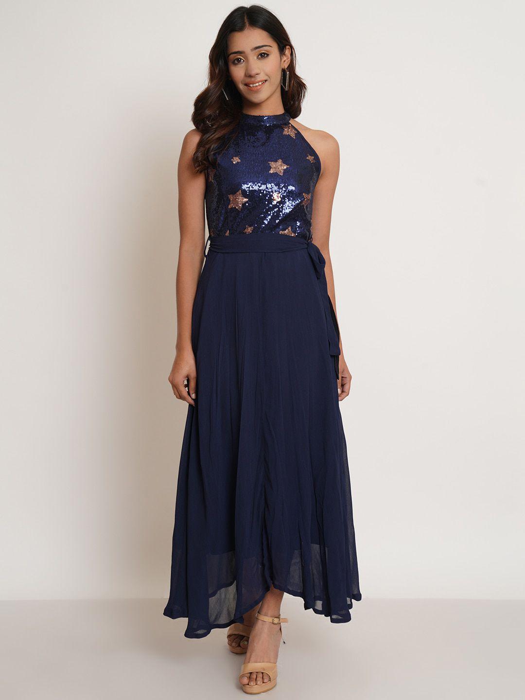 westclo embellished sequined fit & flare maxi dress with belt