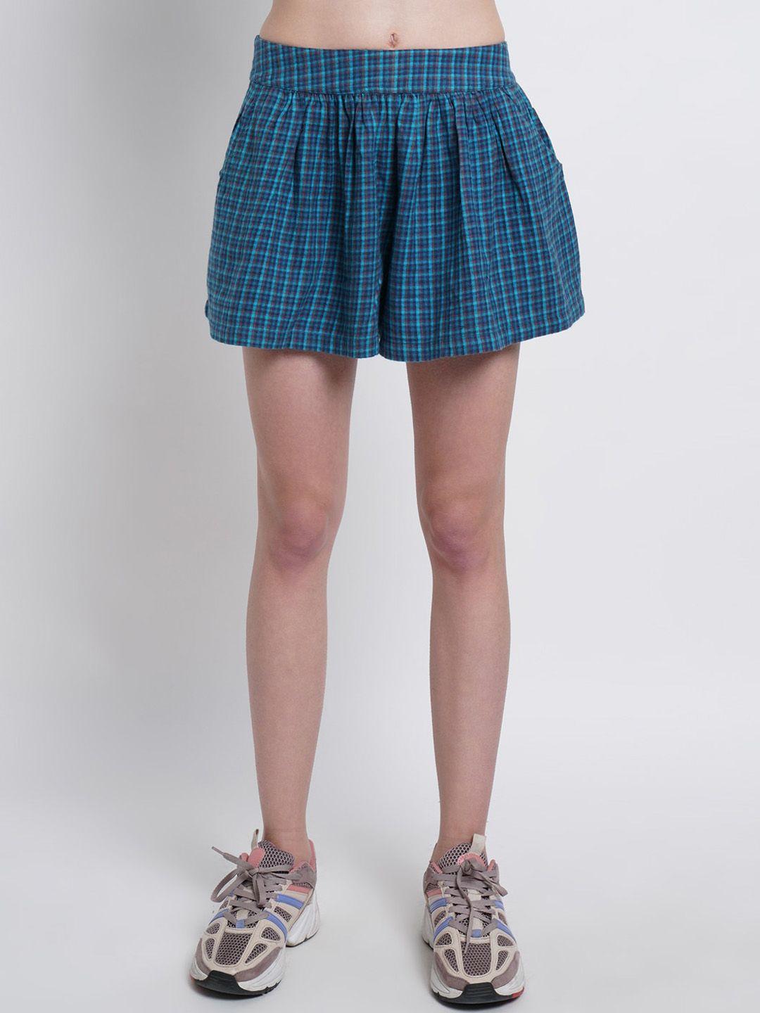 westclo women blue checked pure cotton flared mini skirt