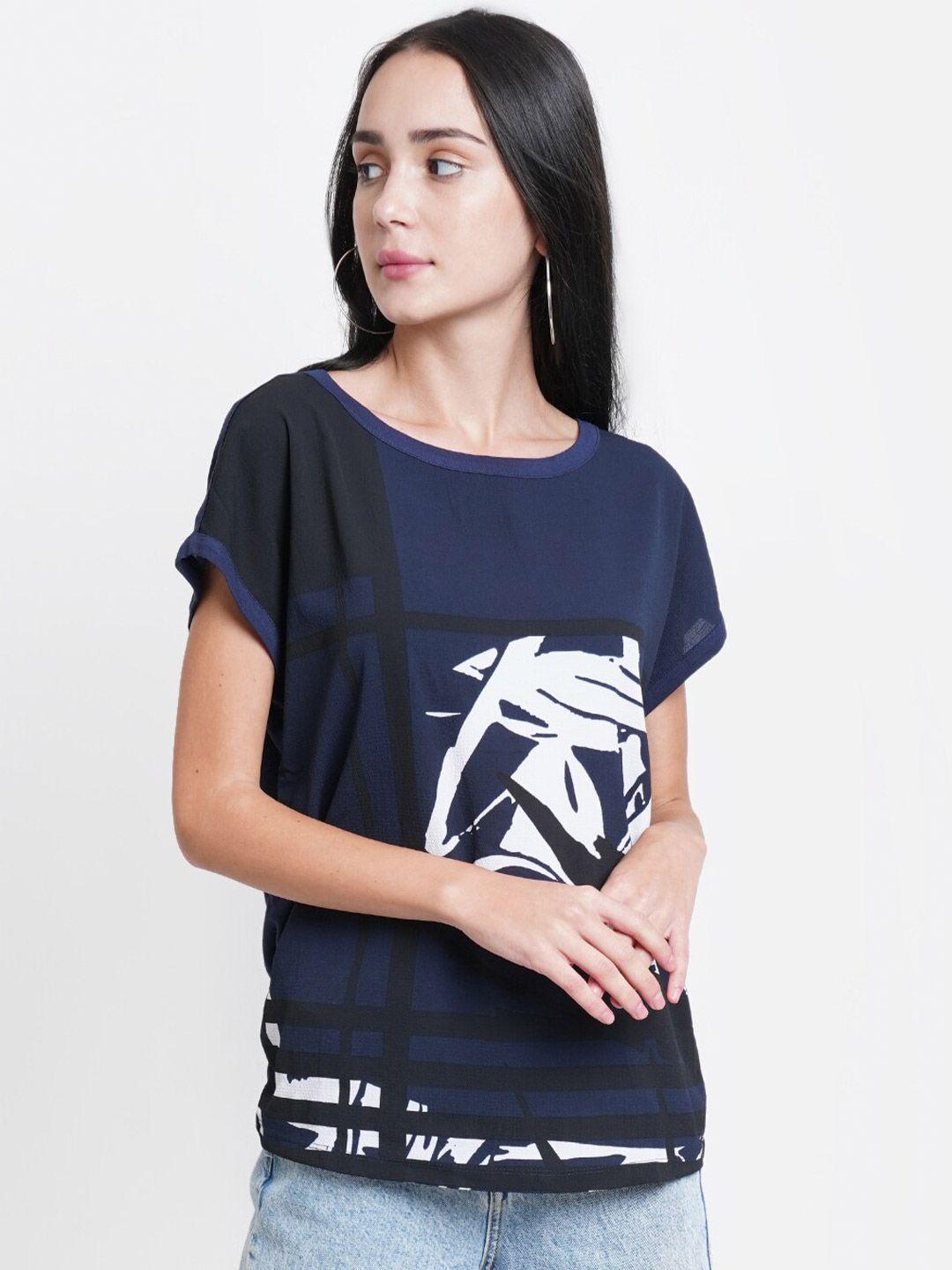 westclo blue & white graphic printed extended sleeves boxy top