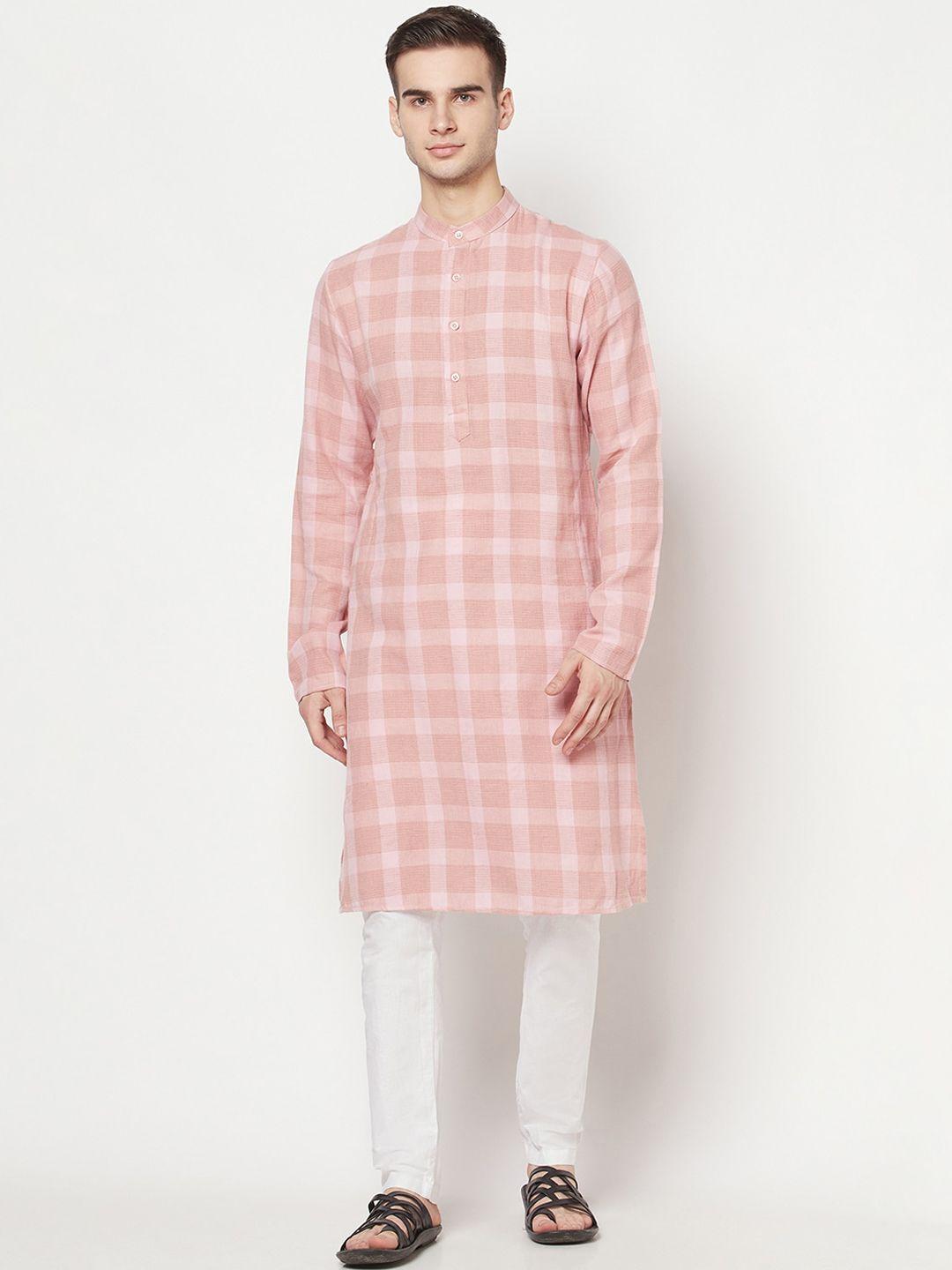 westclo men pink & white checked kurta