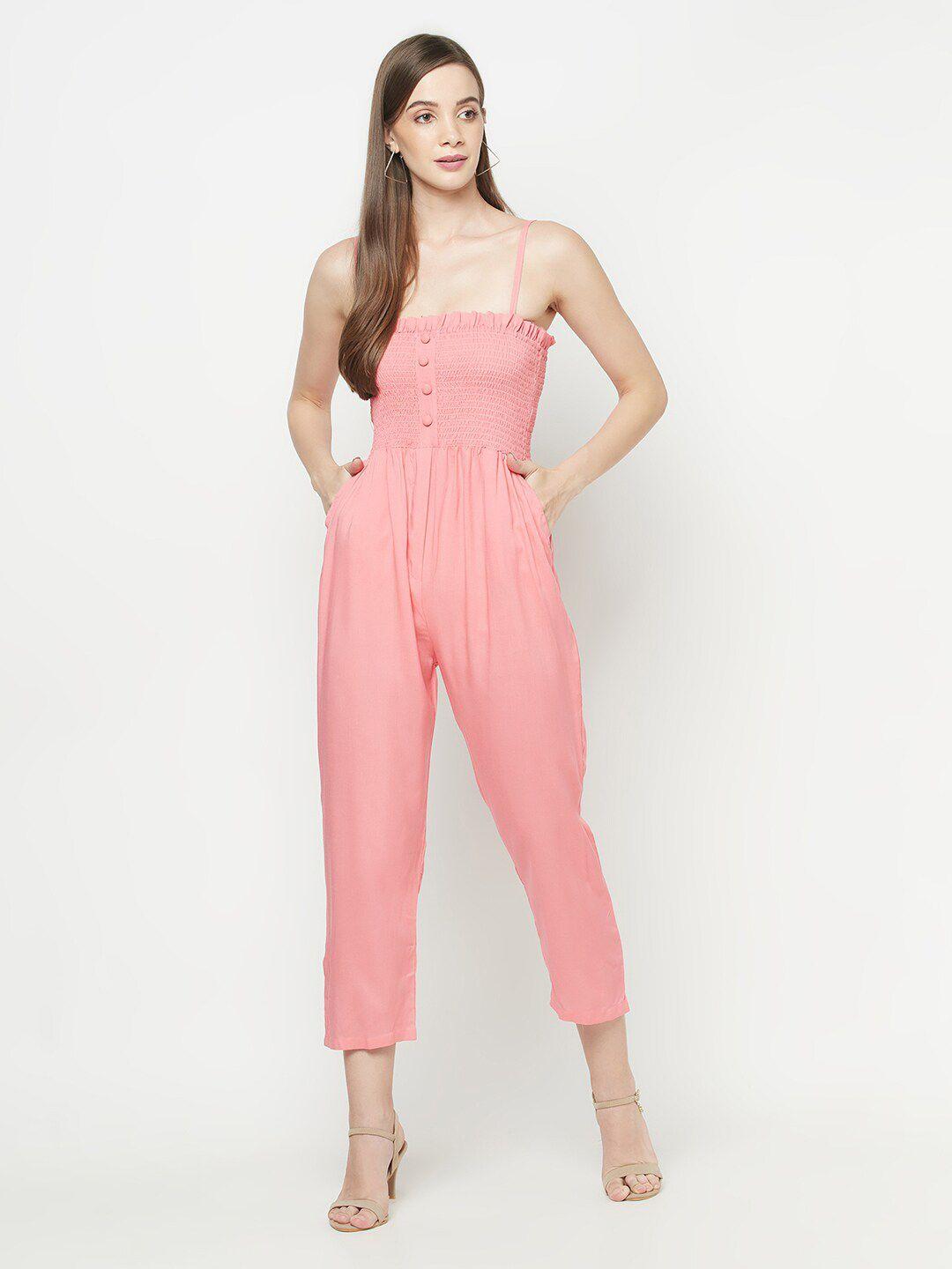 westclo peach-coloured smocked cropped basic jumpsuit