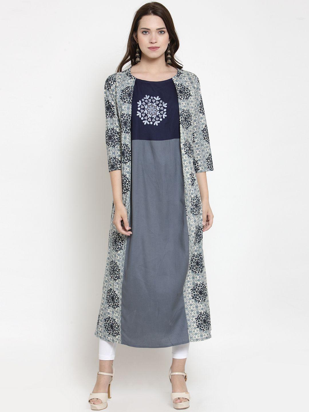 westclo women grey & blue printed a-line kurta