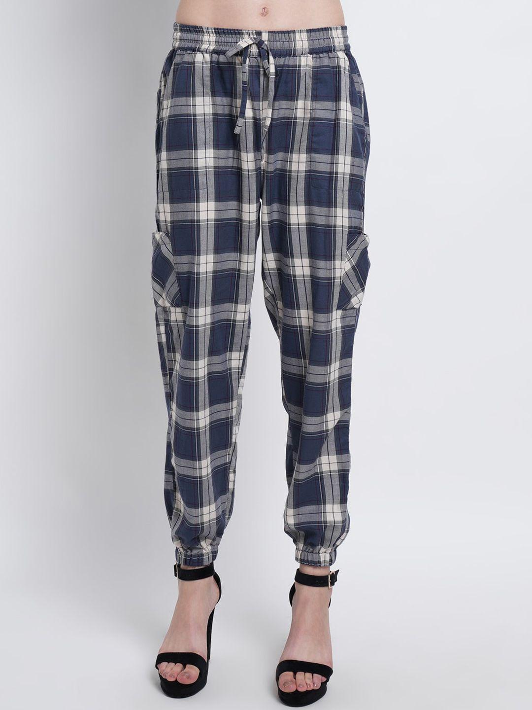 westclo women navy blue checked cotton joggers