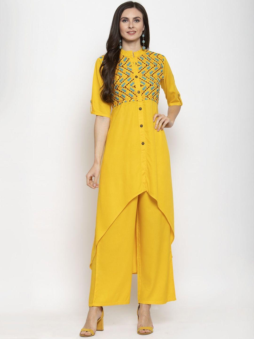 westclo women yellow solid kurta with palazzos