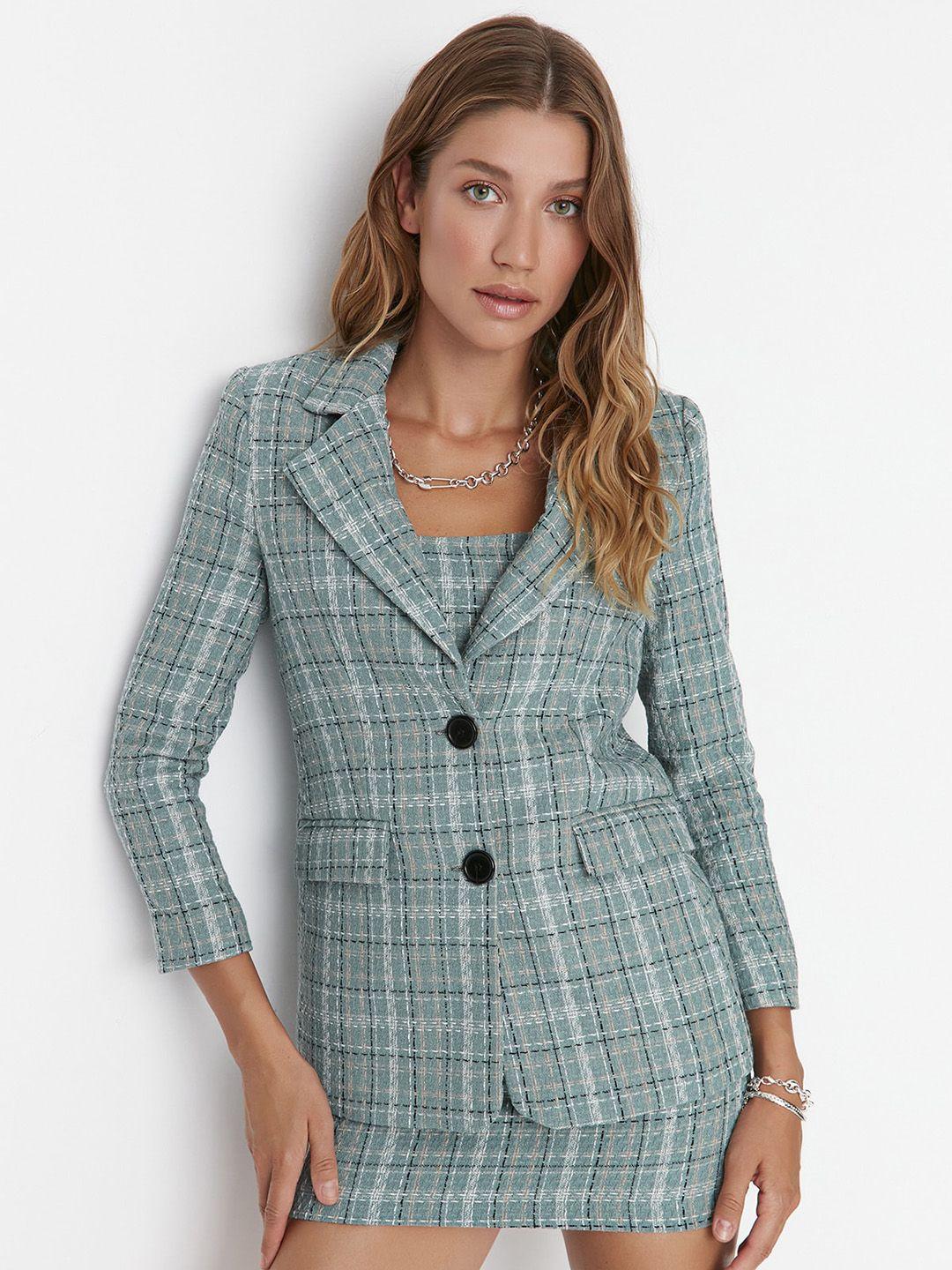 westhood checked shoulder strap crop top & skirt with blazer