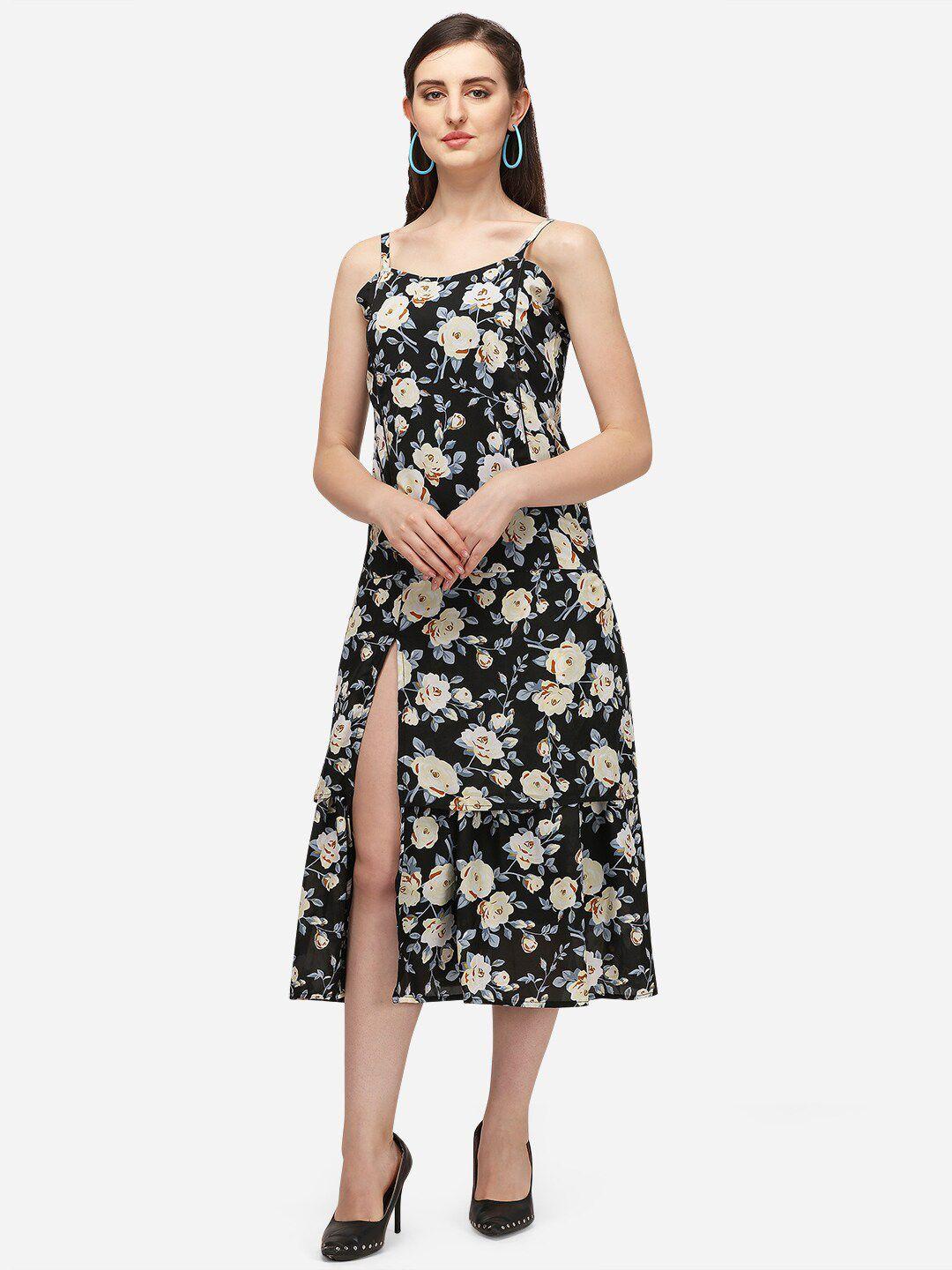 westhood floral printed shoulder straps front slit georgette tiered fit & flare dress