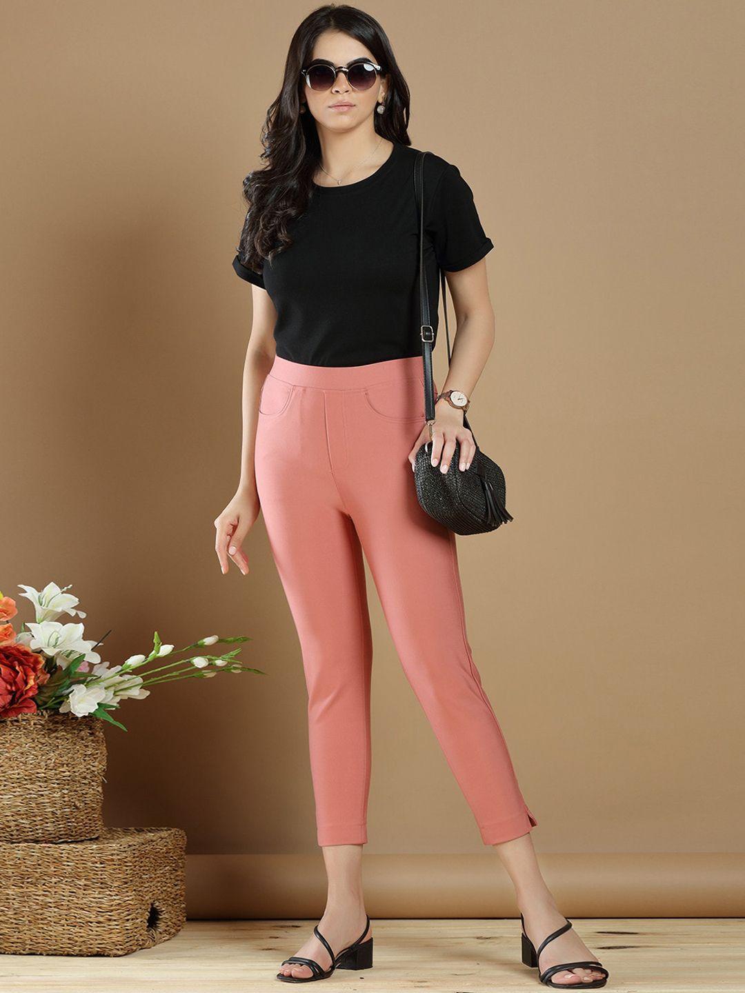 westhood women peach-coloured classic skinny fit high-rise pleated trousers