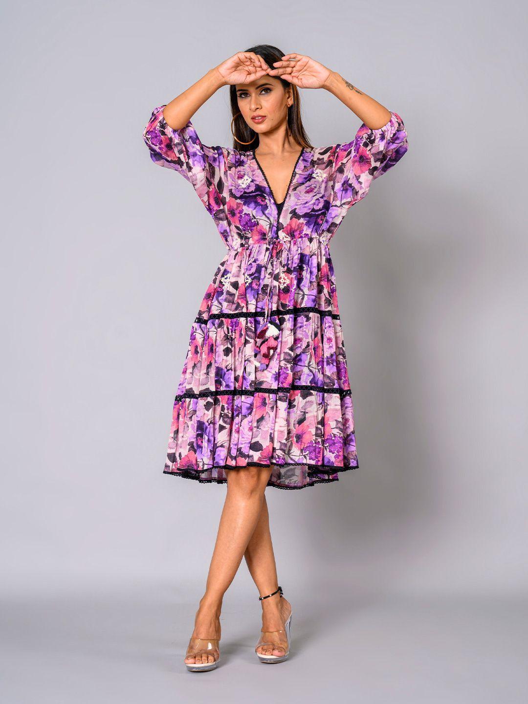 westified purple floral print fit & flare dress