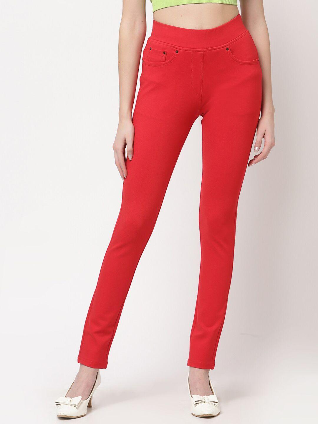 westwood women red solid cotton skinny-fit jegging