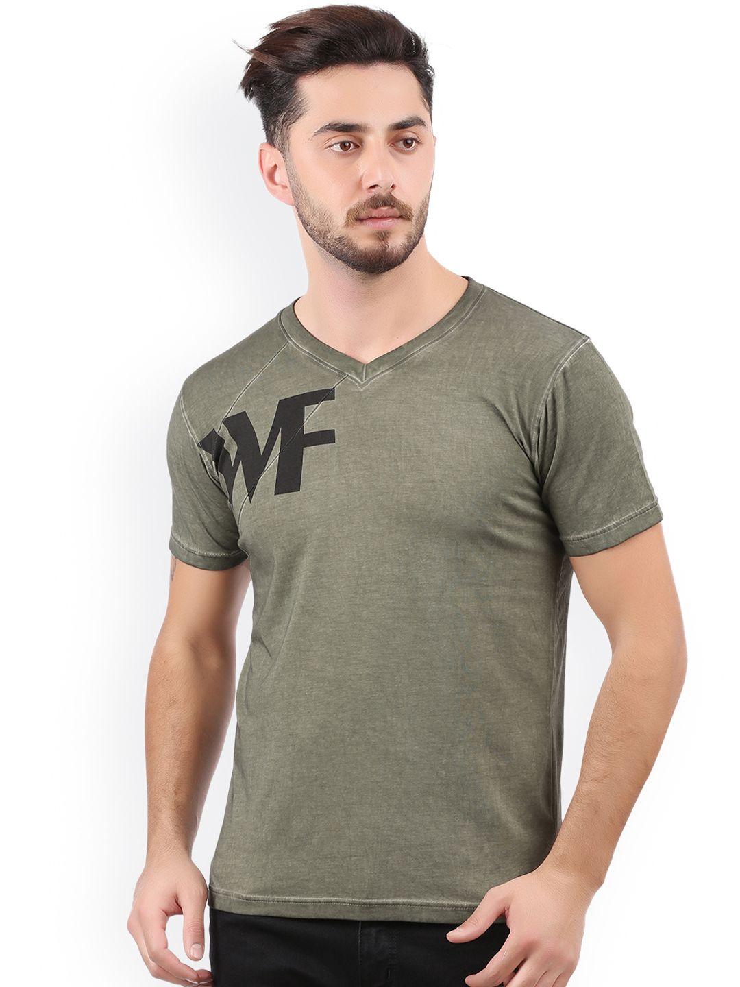 wexford men olive green printed v-neck t-shirt