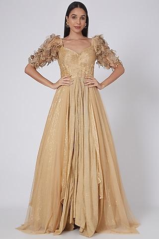 wheat beige floral embellished gown