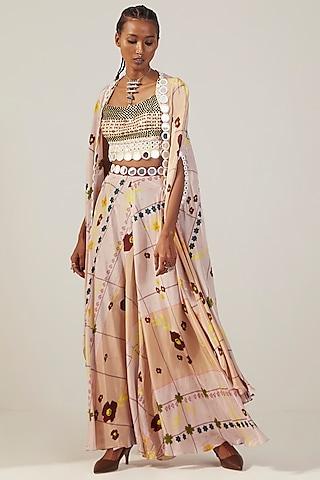 wheatgrass beige crepe ink dye printed & embroidered cape set