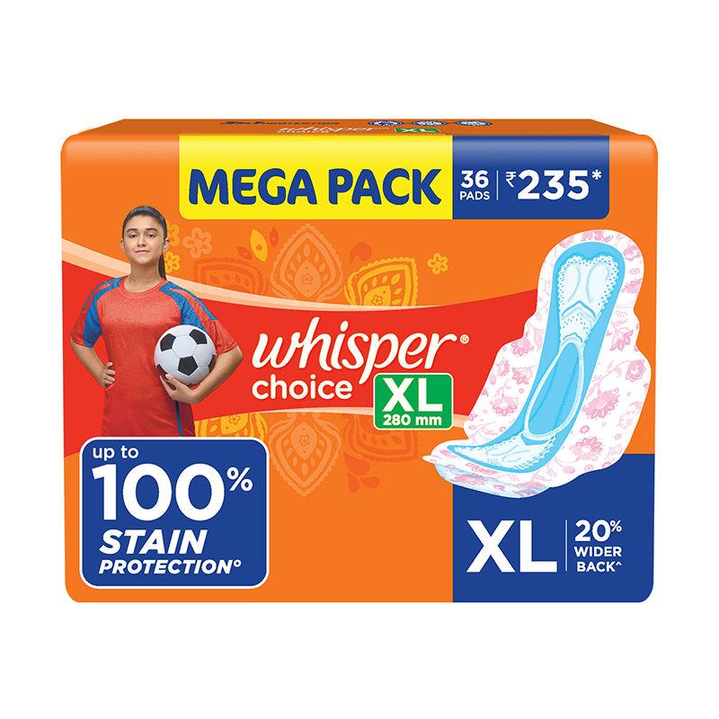 whisper choice sanitary pads for women x-large pack of 36 napkins