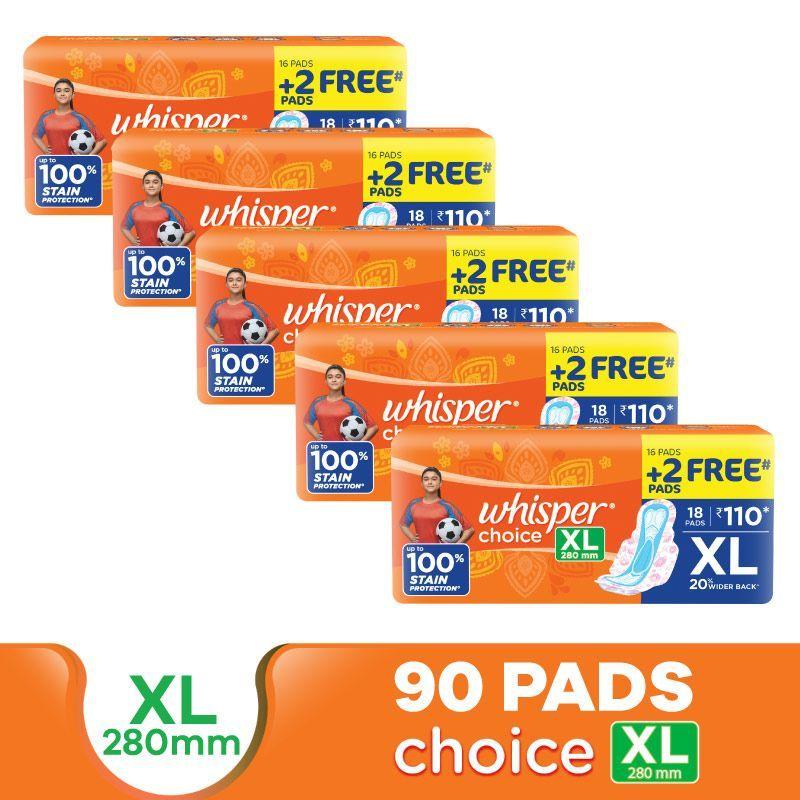 whisper choice sanitary pads with wings for women - pack of 5 , xl, 18 napkins