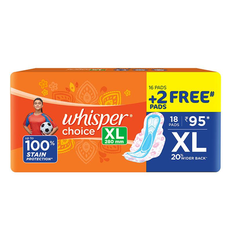 whisper choice sanitary pads with wings for women, xl, 18 napkins