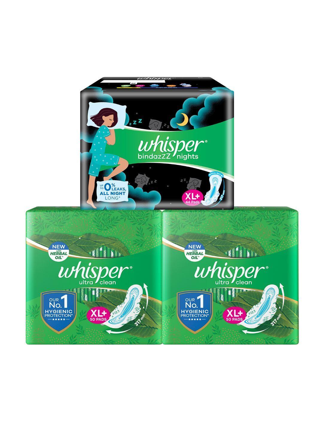 whisper set of 3 sanitary pads - ultra clean xl+ & bindazzz nights xl+