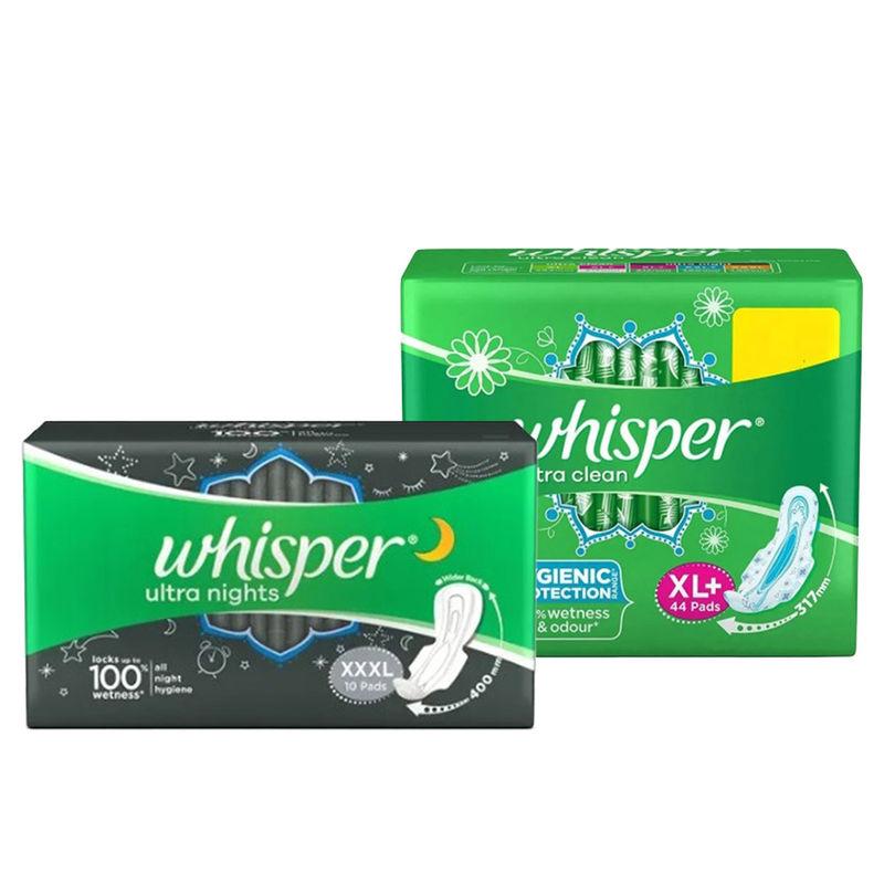 whisper ultra clean xl+ (44 pcs) & ultra nights xxxl (10 pcs) sanitary pads combo