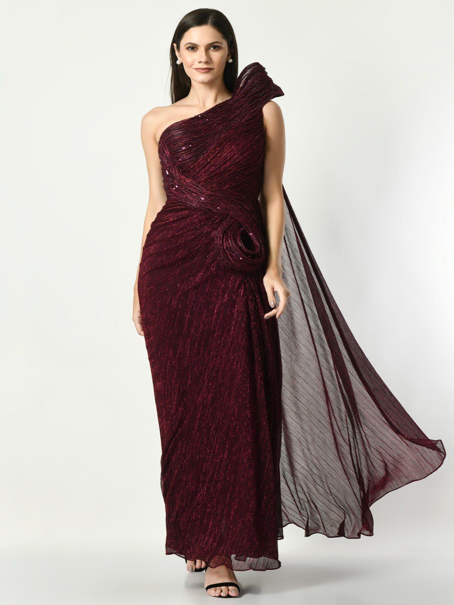 whispering wonders - wine draped gown with sequin