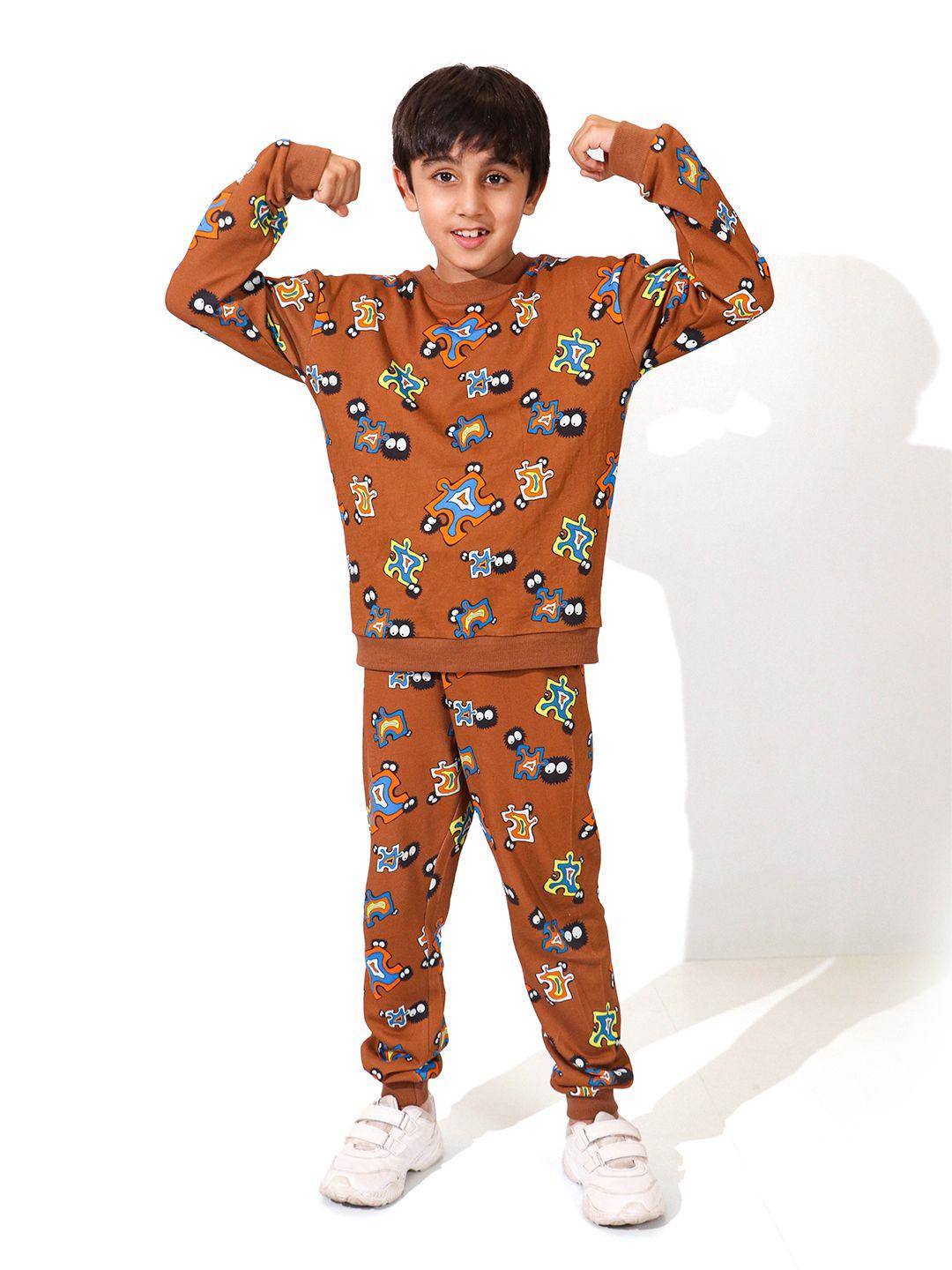 whistle-&-hops-boys-brown-&-blue-printed-t-shirt-with-pyjamas