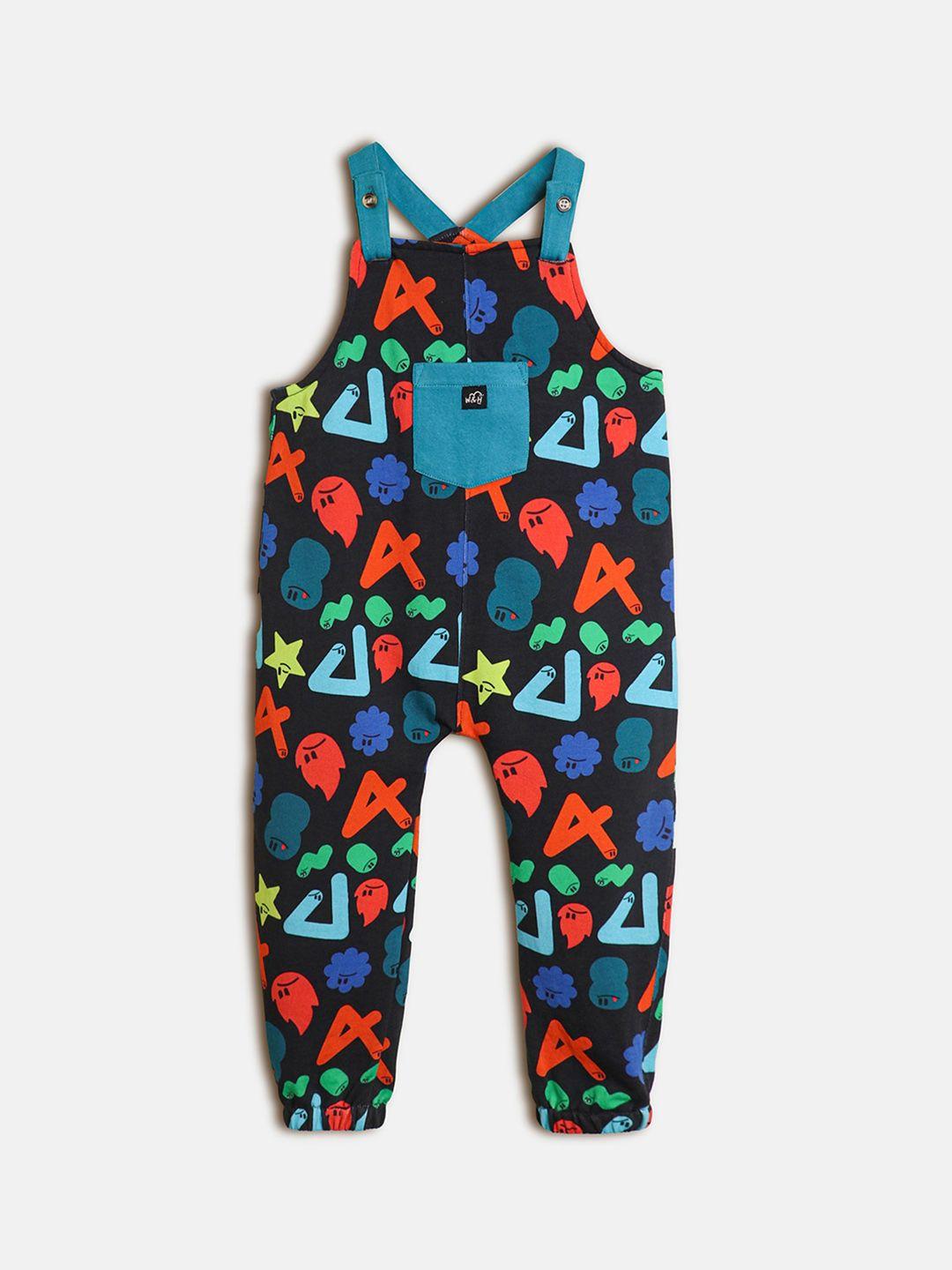 whistle & hops kids geometric printed pure cotton dungaree