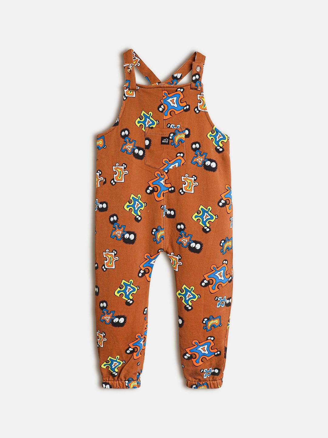 whistle & hops kids graphic printed pure cotton dungaree