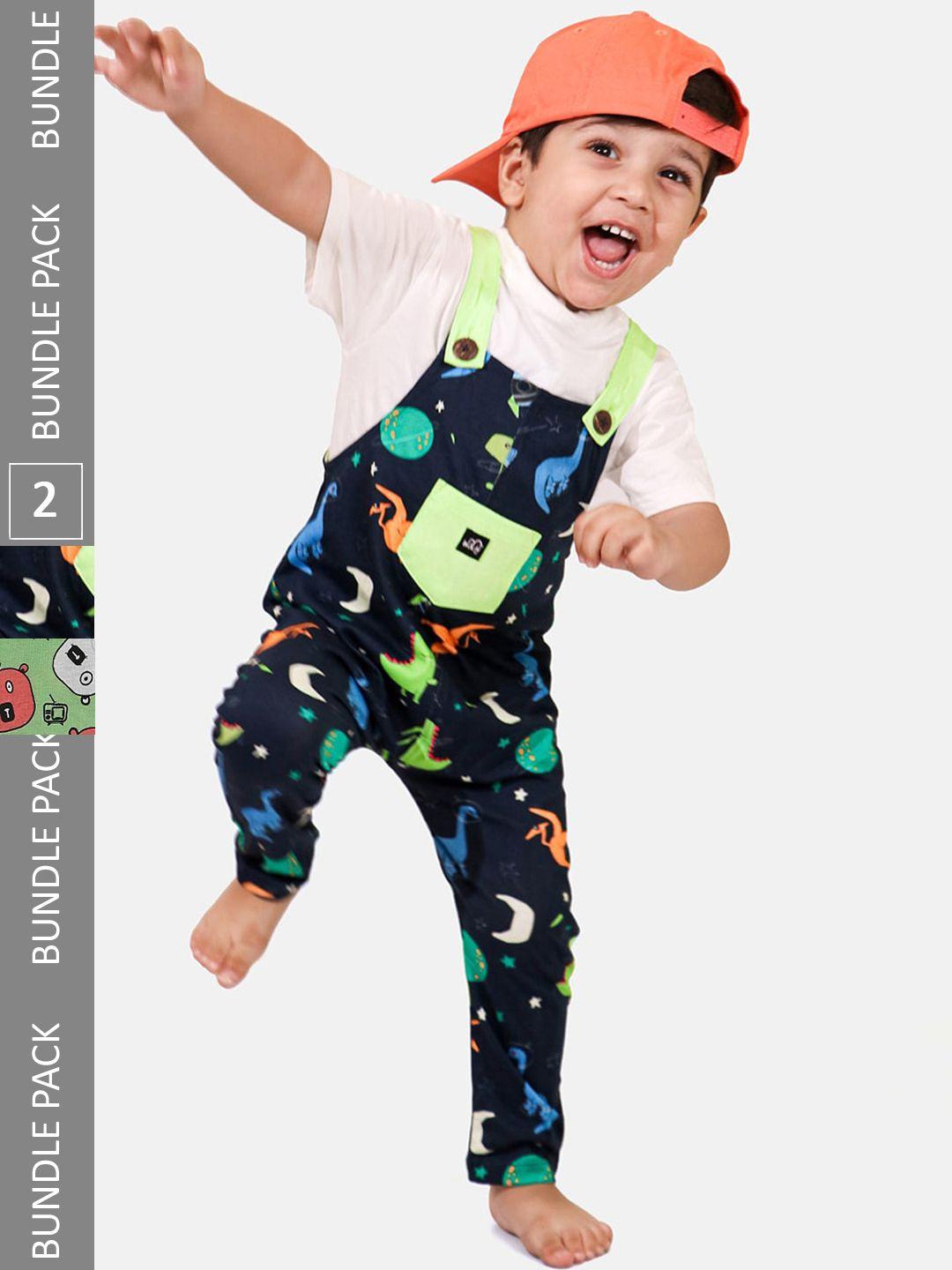 whistle & hops kids pack of 2 dino space & hippie bear printed pure cotton dungarees