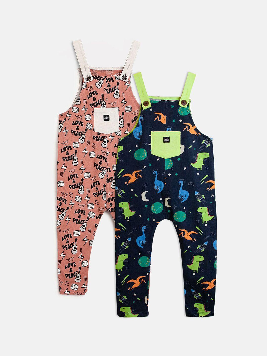 whistle & hops kids pack of 2 printed straight leg pure cotton dungaree
