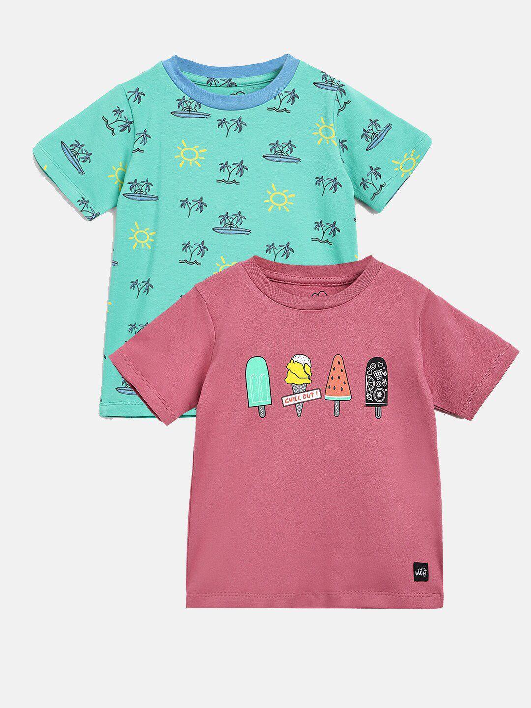 whistle & hops kids pack of 2 aqua beach doodle &ice-cream organic cotton classic t-shirt
