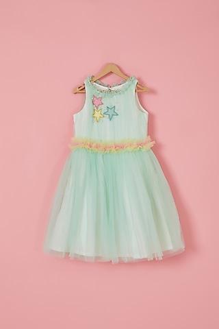 white & aqua blue shimmer lycra embroidered pleated dress for girls