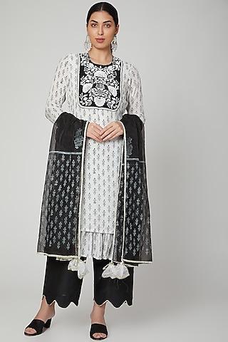 white & black block printed kurta set