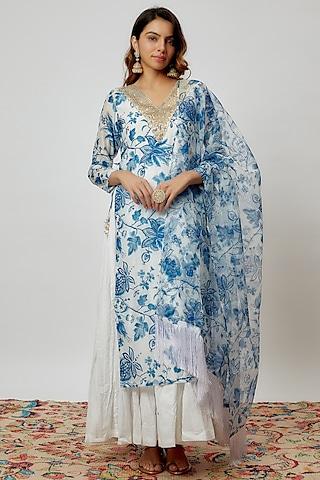 white & blue chanderi printed kurta set
