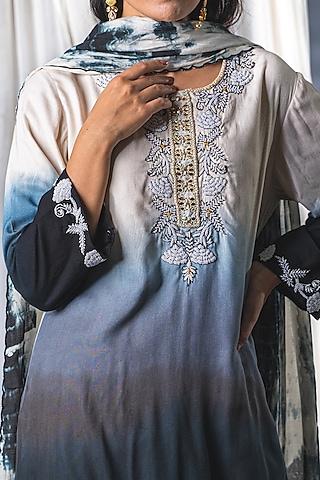 white & blue cotton blend kurta set for girls