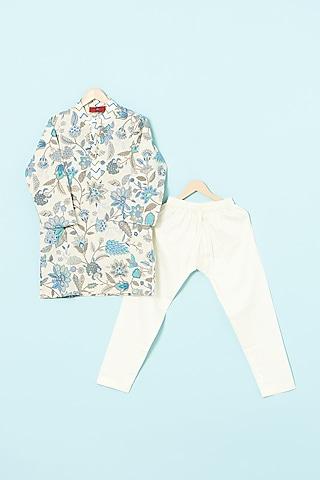 white & blue cotton flex floral printed kurta set for boys