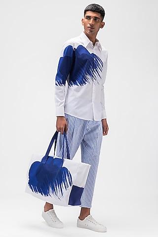 white & blue cotton poplin printed trousers