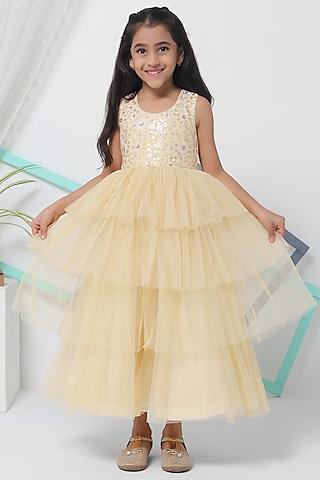 white & butter yellow net flared gown for girls