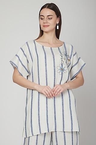white & cobalt blue striped blouse