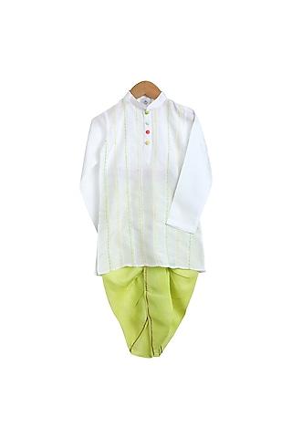 white & green embroidered kurta set for boys