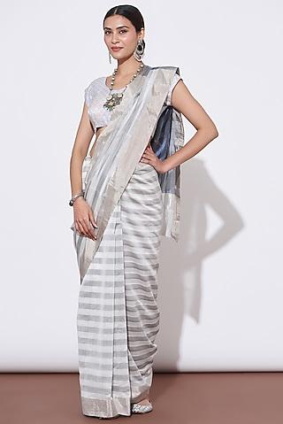 white & grey pure chanderi zari handwoven saree set