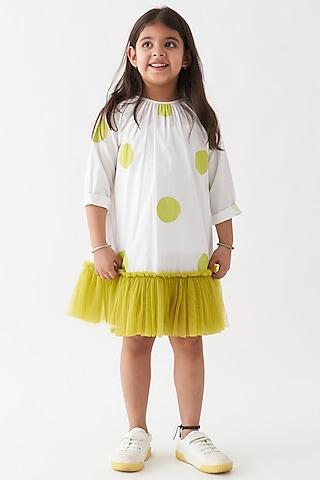 white & lime cotton poplin polka frilled dress for girls