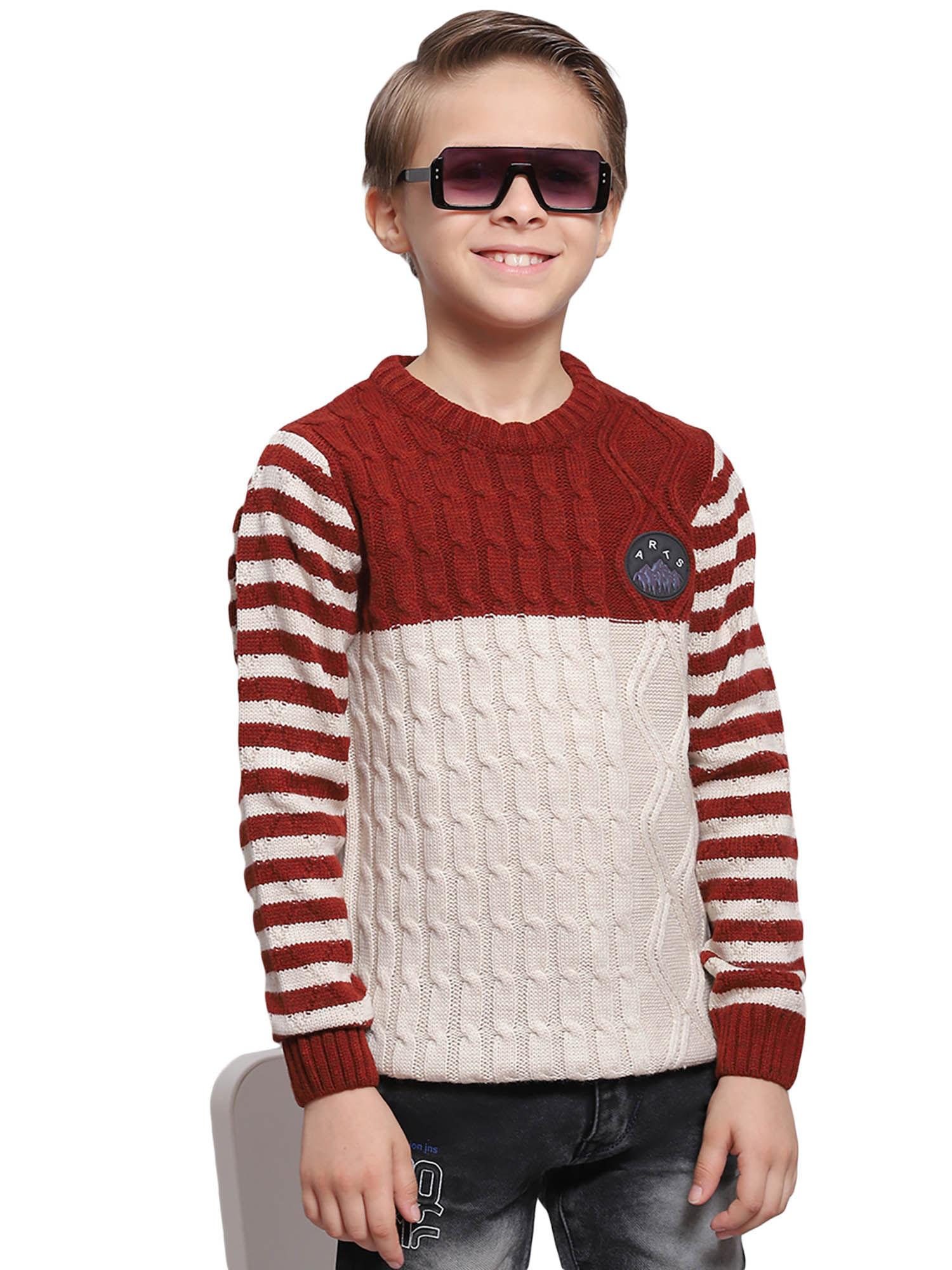 white & maroon colorblock round neck sweater