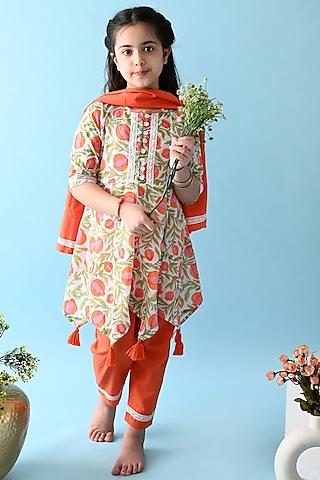 white & orange printed anarkali kurta set for girls