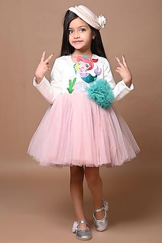 white & pink tulle embroidered dress for girls