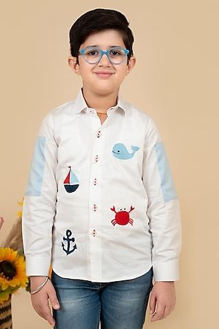 white & sky blue cotton satin motifs embroidered shirt for boys