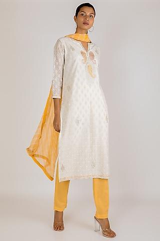 white & yellow cotton kurta set