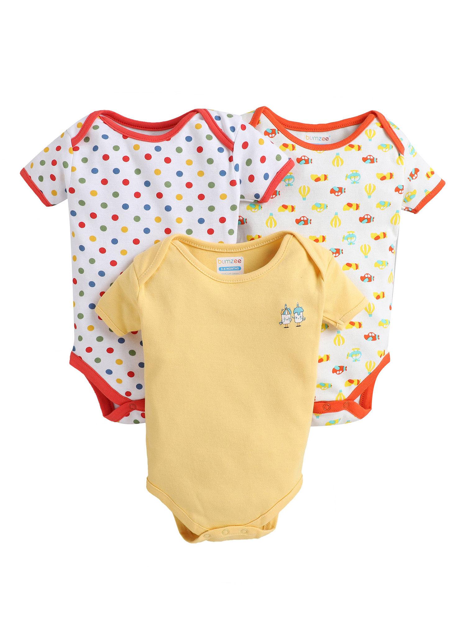 white & yellow half sleeve baby boys bodysuit (pack of 3)