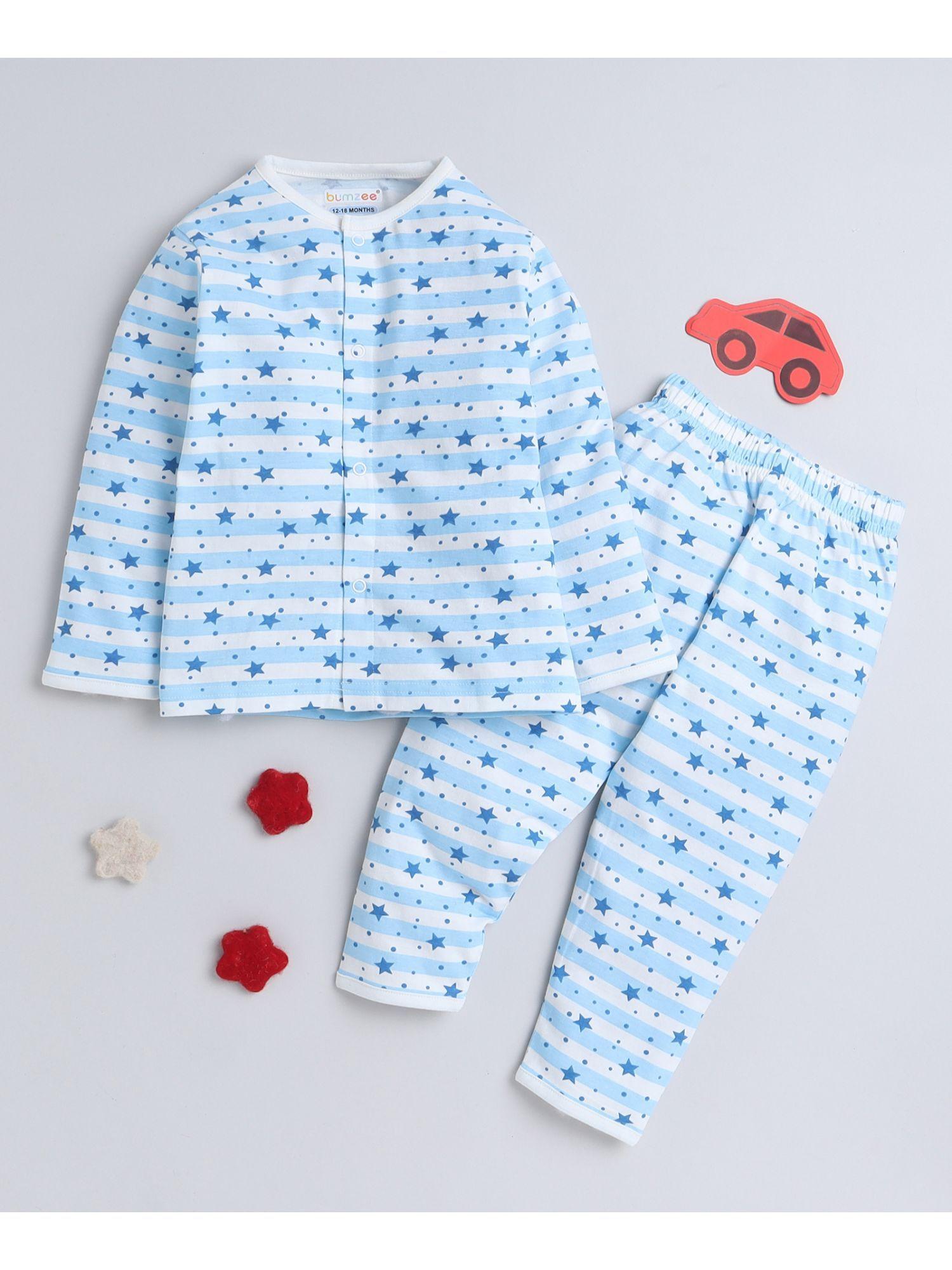 white and blue boys full sleeves cotton night suit (set of 2)