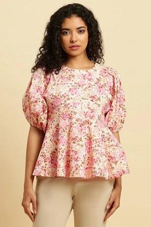 white and pink floral printed flared top