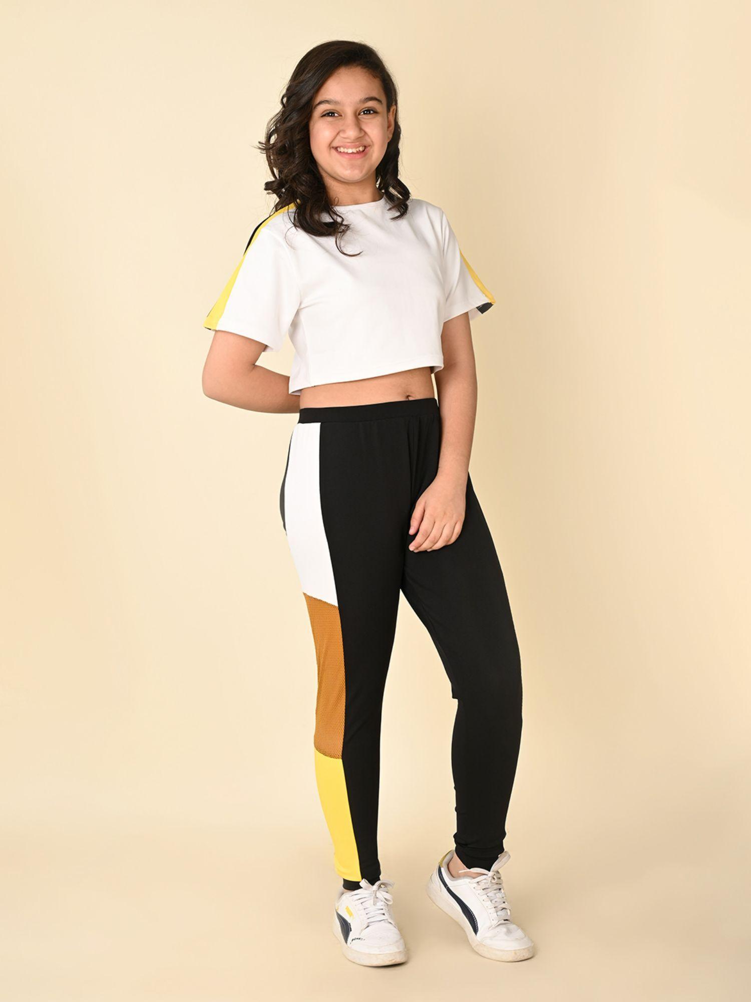 white black drop shoulder tee with colorblock pant (set of 2)